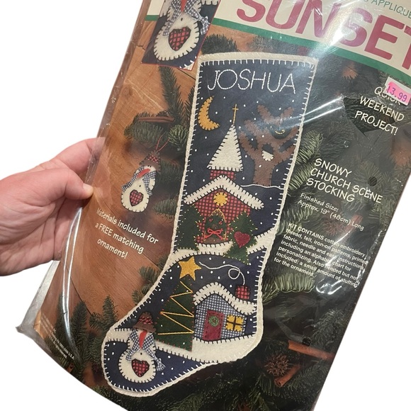 VTG Sunset Felt Fabric Snowy Church Scene Christmas Patchwork Stocking 18076 NIP - Picture 3 of 6